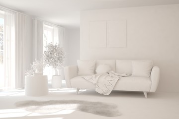 Mock up of stylish room in white color with sofa. Scandinavian interior design. 3D illustration