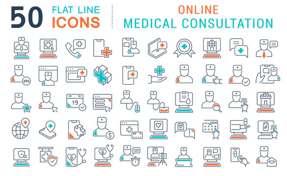 Set Vector Line Icons of Online Medical Consultation