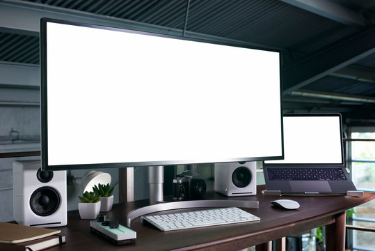 Super Wide Computer Screen on Desk Lifestyle Modern Interior Scene 