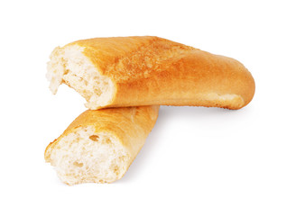 Baguette is broken into two parts on a white background.