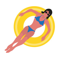 Summer time, woman in blue bikini swimsuit on yellow inflatable ring. Vector summer rest, girl in bikini relaxing in donut isolated character in glasses