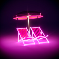3d render, Luxury stripe neon chairs and umbrella on dark background. abstract background, glowing furniture, neon light, virtual reality, pink blue spectrum, vibrant colors, floor reflection