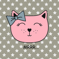 Kawaii cat face with a bow. Vector illustration of a portrait of a Pink Cat on a Grey Star Background.