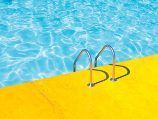 Grab bars ladder in the blue swimming pool. 3d render