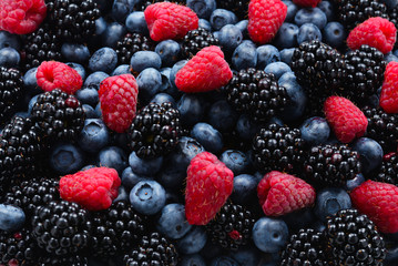 Blackberry, raspberry, blueberry background.  Top view.
