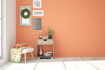 Stylish room in coral color with armchair. Scandinavian interior design. 3D illustration