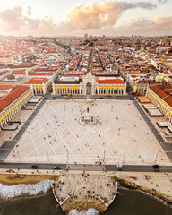Panorama central commerce square palace, Lisbon, Portugal at sunset, old european city, drone view, vertical air © Shevdinov