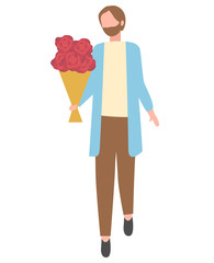 Bearded man with bouquet of flowers isolated cartoon character. Vector male with blooming rose buds, present for someone, elegant guy in blue jacket