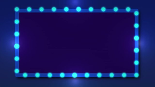 Neon Light bulbs frame on blue gradient background, retro style neon light board sign with space to insert your text. Loop animation background. 
