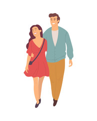 Young people walk in pairs isolated smiling cartoon characters. Vector pretty brunette woman in long dress and smiling handsome guy in blue jacket