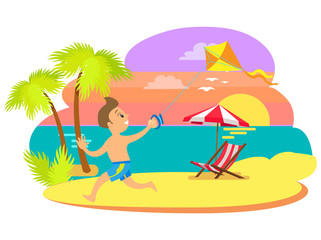 Boy running along beach coastline with wind kite, sunset and relaxation by seaside, exotic tourism. Sunbed on coastline, summer holidays vector isolated