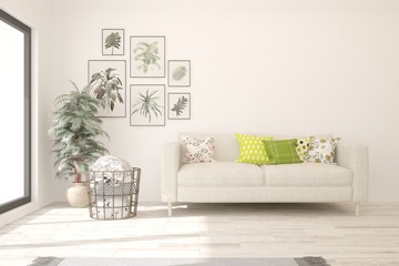 Stylish room in white color with sofa. Scandinavian interior design. 3D illustration