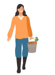 Woman farmer with vegetables in bucket isolated cartoon character Agriculture concept, farming and person with harvest of carrot and potato, smiling agronomist