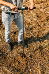 Soil Sampling. Agronomist Taking Sample With Soil Probe Sampler