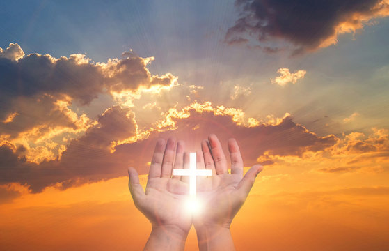 Eucharist Therapy Bless God Helping Repent Catholic Easter Lent Mind Pray. Christian Human hands open palm up worship hope. Jesus hands praying. Human hands open palm. Respect and pray on the sunset.