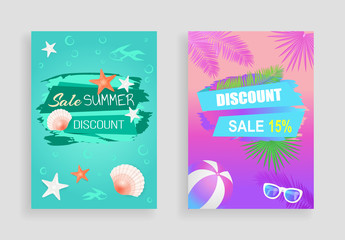 Sale summer discount, vector banner, curved ribbons. Sun glasses, starfish and seashell, underwater silhouettes, beach ball and palm leaves print