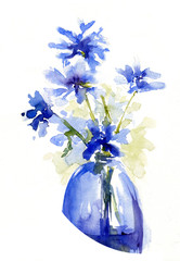 Cornflowers in blue vase, summer wildflowers. Watercolor hand painted sketch on white background - 275113970