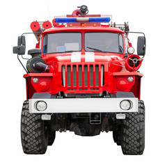 Big red rescue car of Russia, isolated on white. Fire rescue vehicle, front view.