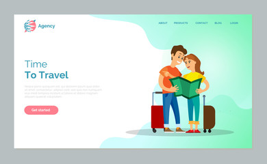 Time to travel vector, man and woman looking at atlas and finding their way. Lost people, tourism in summer. couple on vacation with baggage. Website or webpage template, landing page flat style