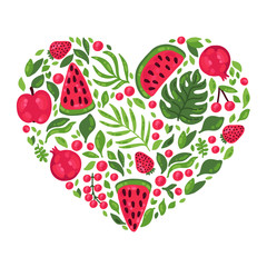 Red fruits and plants heart shape design