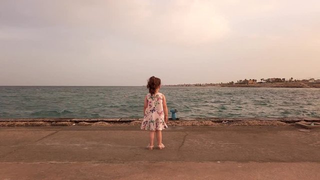 a little girl looks at the sea