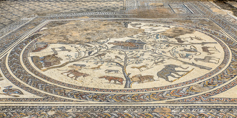 Mosaic of animals at Orpheus's chamber in the Roman excavation of Volubiis