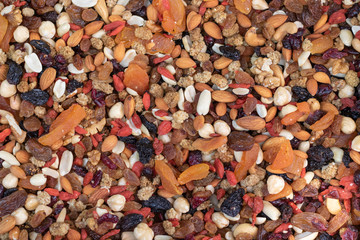 Close up of mixed nuts products. Different types of nuts