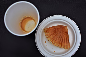 Overhead view of empty coffee cup an muffin plate