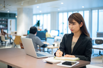 ワーキングスペースで仕事をする女性