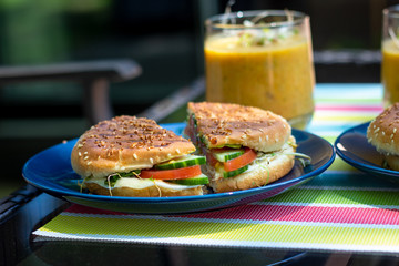 grilled sandwich snack with soup on a terrace