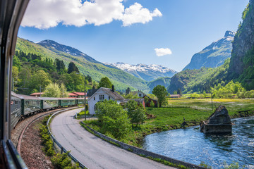 Flamsbana , famous mountain train line from Flam to Myrdal with beautiful landscape scenery along...