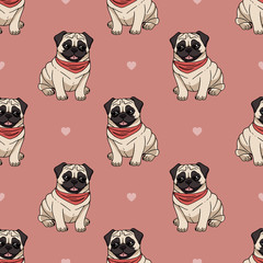 Seamless pattern with cute sitting pugs wearing red scarf on pink background with hearts. Vector dog illustration. Endless texture with cartoon dogs for your design