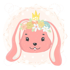 cute bunny face with flower wreath and crown in spring  flat vector