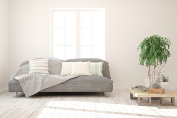 Stylish room in white color with sofa. Scandinavian interior design. 3D illustration