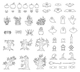 Halloween collection of line icons including pumpkins, ghosts, cemetery and graves, bats, spiders, scary forest trees, Gothic castles houses. October clipart.