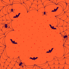Halloween spooky spiderweb frame with bats and spiders in the night sky. Vector isolated horror border for october party flyer.