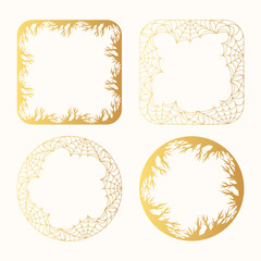 Halloween golden spiderweb and scary gold forest branch frames for party invitation. Vector isolated spooky decoration background for october night.