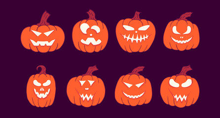 Halloween collection of jack o lantern pumpkin silhouette icons with spooky smiling faces. October party scary cartoon clipart.