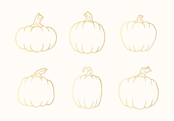 Set of Halloween gold pumpkin outline icons. October party clipart. Autumn holiday golden vegetable.