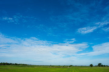 Blue sky background with green fields and white clouds.