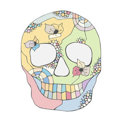 Vector hand drawn illustration of smiling skull with flowers, spider web, tooth, lines face of human Print horror for t shirt. Mexican style, day of the dead, halloween. Sketch, doodle drawing.