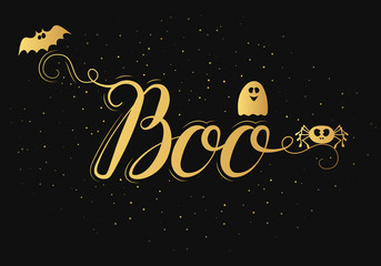 Obraz na płótnie Canvas Boo lettering. Halloween design golden letter poster or gold text banner. Vector isolated october calligraphy quote.