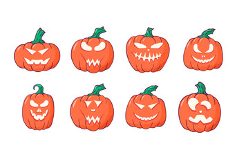 Collection of Halloween pumpkin stickers with spooky smiling faces. October party scary cartoon elements.