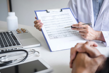 Doctor presenting report of diagnosis, symptom of disease and recommend something a method with patient treatment, after results about the problem illness of patient