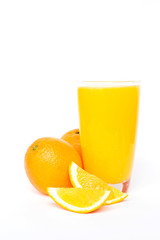 Navel orange juice and slices of orange isolated on white background