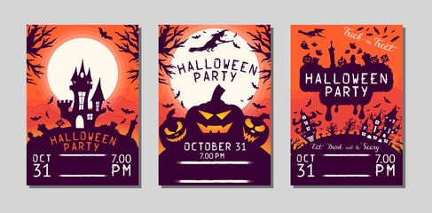 Halloween flyer with pumpkins, cemetery, haunted house, bats and witch under the moon for october 31 night. Vector isolated horror posters. Party invitation leaflet.
