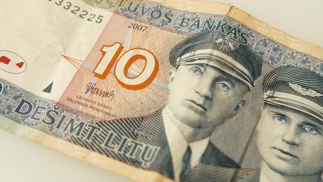 Extreme close up panning right shot of 10 Litu Lithuanian litas
