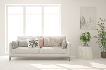 Stylish room in white color with sofa. Scandinavian interior design. 3D illustration