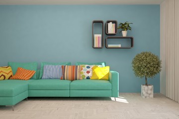 Stylish room in blue color with sofa. Scandinavian interior design. 3D illustration