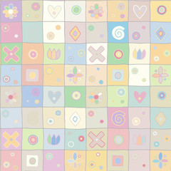 Seamless vector pattern, cute decorative geometrical hand drawn with childlike elements, dots, square, circle, cross, rectangle, triangle, square, flowers, hearts, spiral. Background, doodle style.